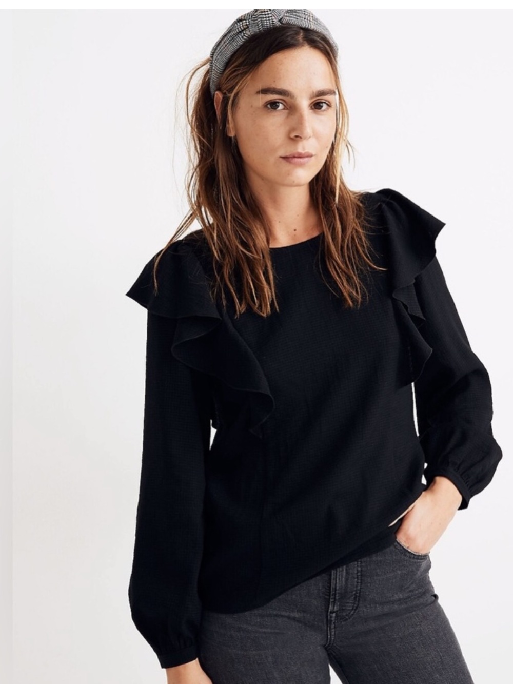 Madewell Black Ruffle Shoulder Long-Sleeve Top - S